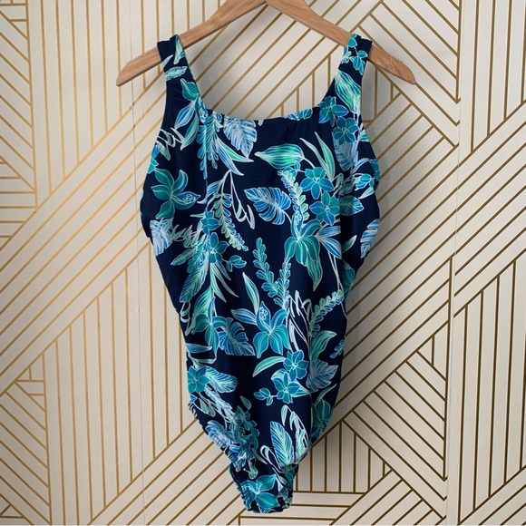 Lands End NWOT Deep Sea Sealily Floral Swimsuit one piece boatneck 16 - Picture 1 of 13